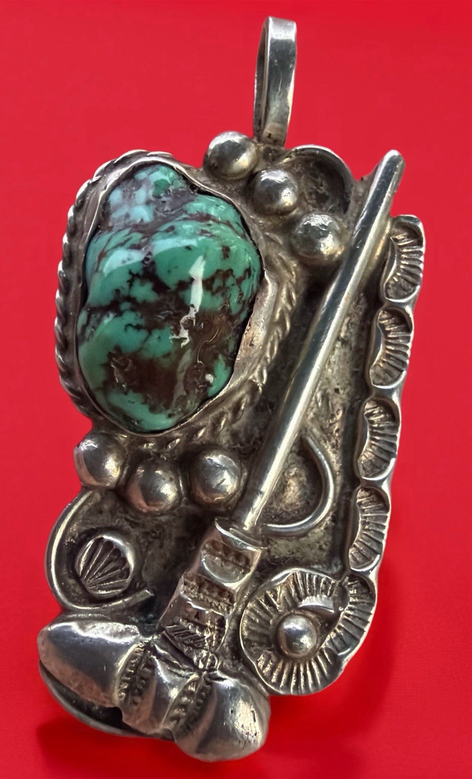 Vintage ART LEWIS Choctaw Coin Silver Turquoise TOMAHAWK MOTIF Necklace Pendant