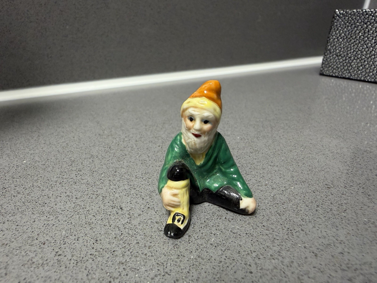 VTG Miniature Porcelain Gnome Cobbler Figurine Pixie Elf Sitting Shoe Japan