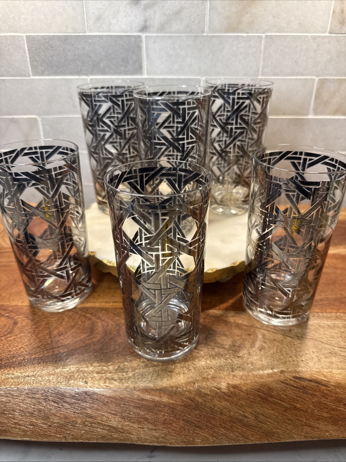 CERA MCM Silver Basket Weave High Ball Barware Glasses Set Of Six