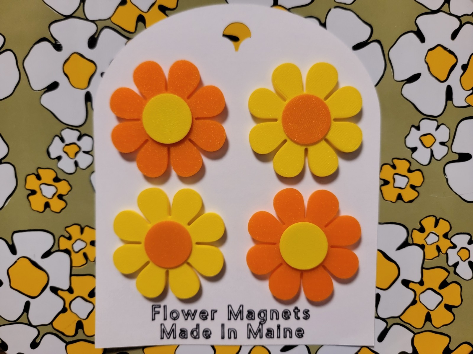 4x Flower Power Magnets - Yellow & Orange - Vintage Mid-Century MCM Inspired