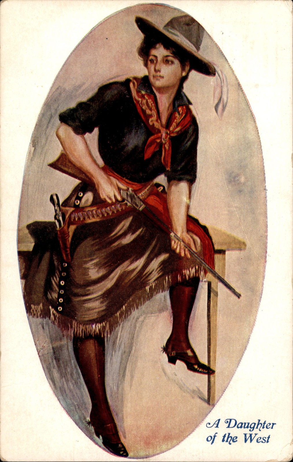1908 Daughter of the West Cowgirl with Rifle & Pistol Antique Postcard