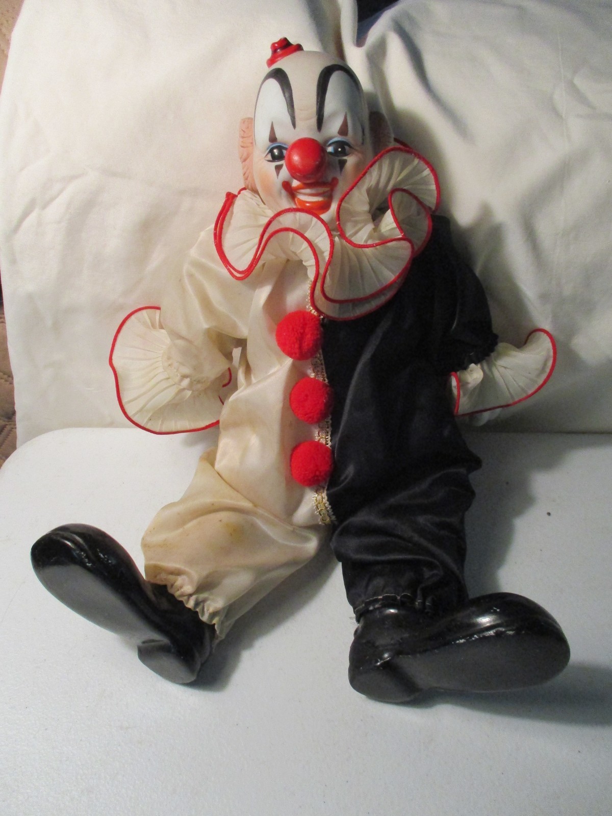 Vintage Clown Porcelain 1983 Black White Red Dynasty Doll Sitting Clown Creepy Vintage Clown Porcelain 1983 Black White Red Dynasty Doll Sitting Clown Creepy