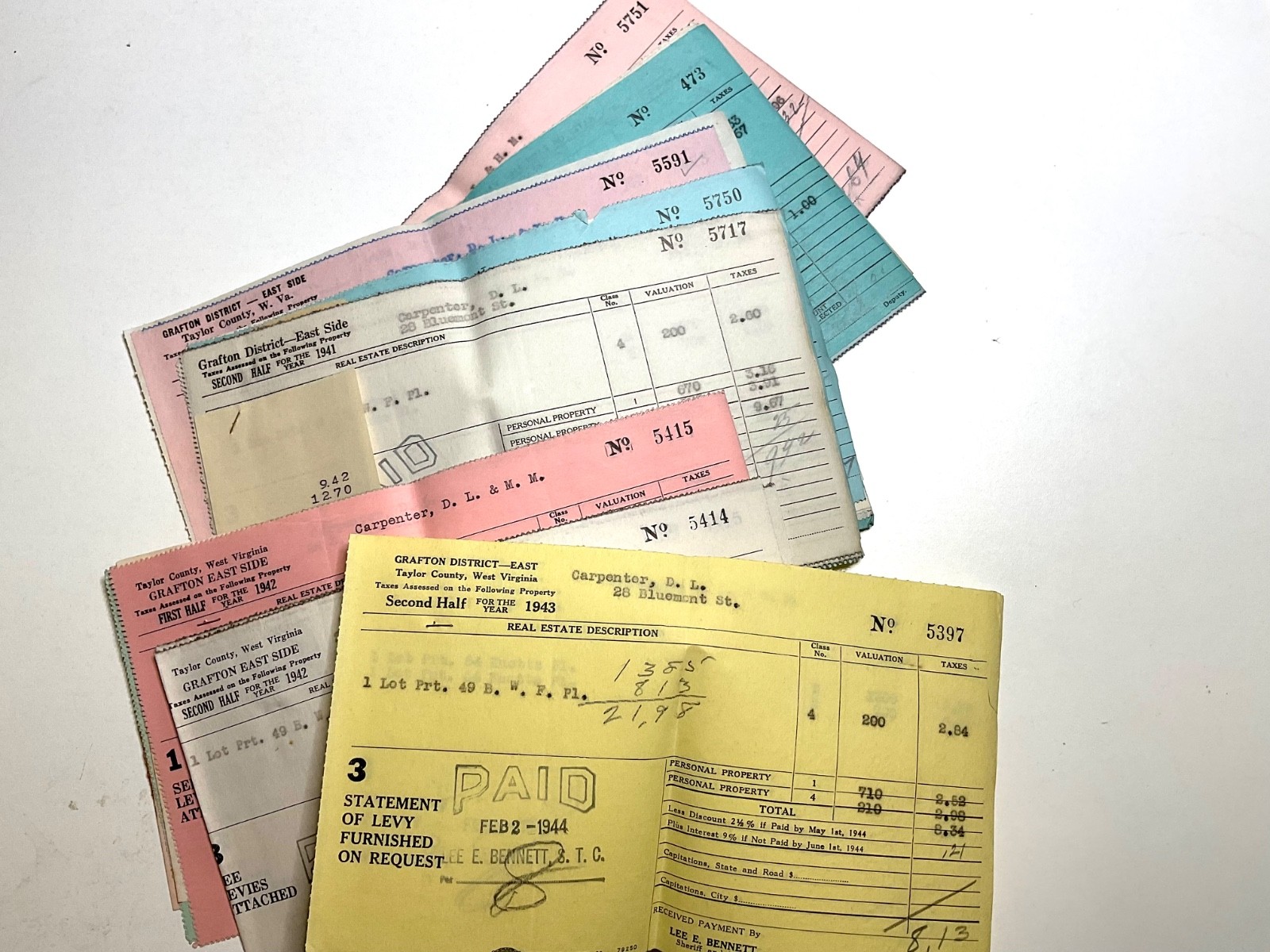 1940s WWII Era Grafton WV Property Tax Receipts Large Lot Taylor County