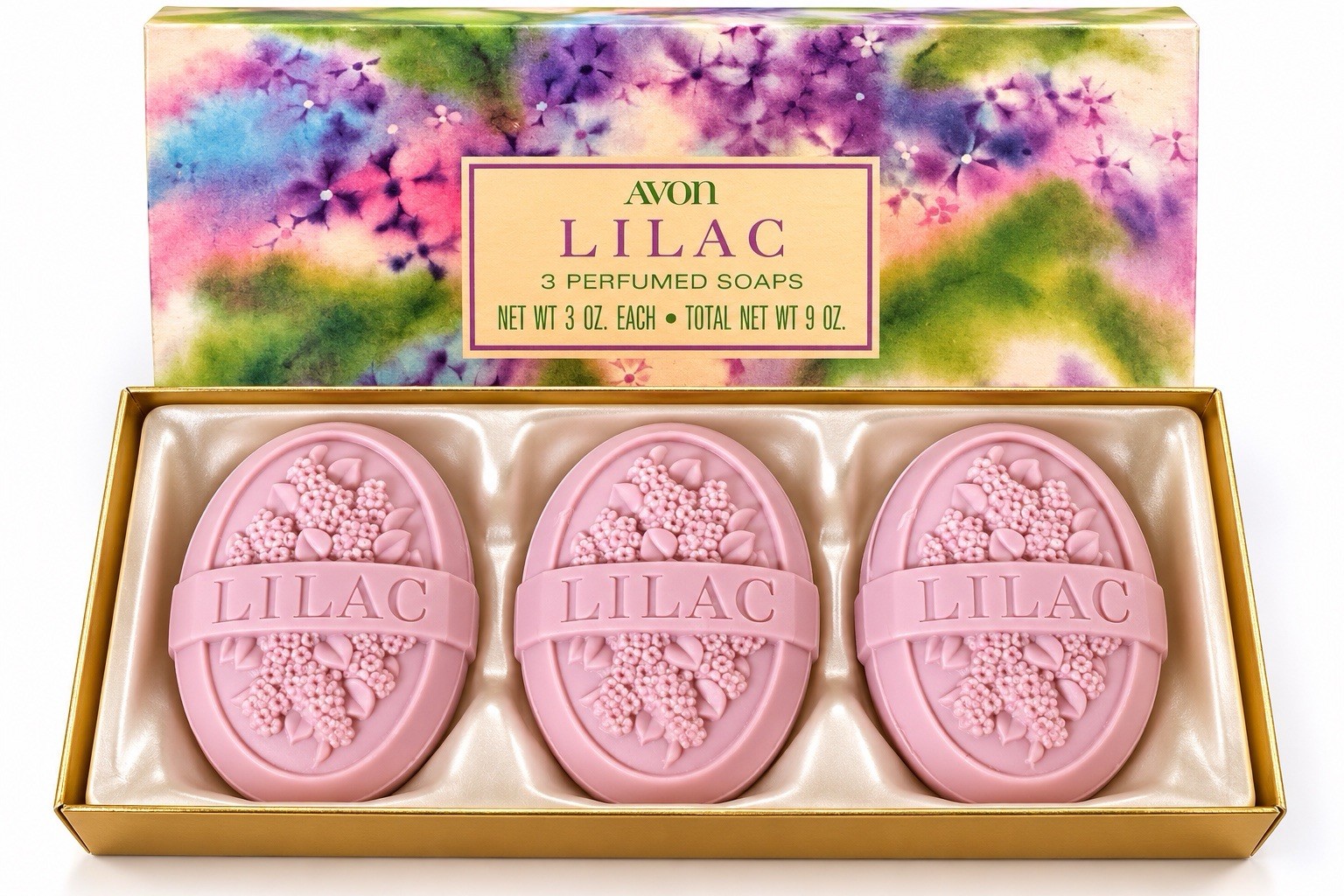Vintage Avon Lilac Perfumed Soap 3 Bar Gift Set 9 Oz Pink Floral Original Box