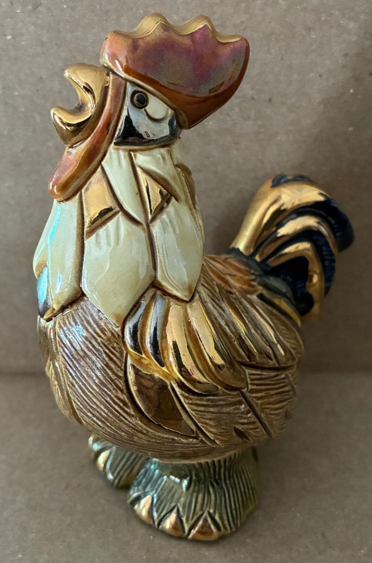 Rooster De Rosa Rinconada Pottery Figurine Gold Accents Uruguay, Vintage Gift