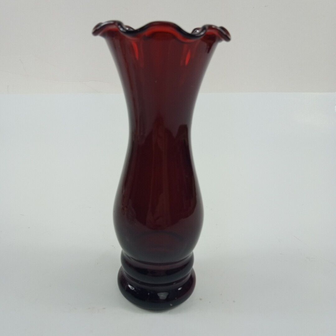 Vintage Anchor Hocking Ruby Red Small  Glass Bud Vase Flared Crimped Rim 6”
