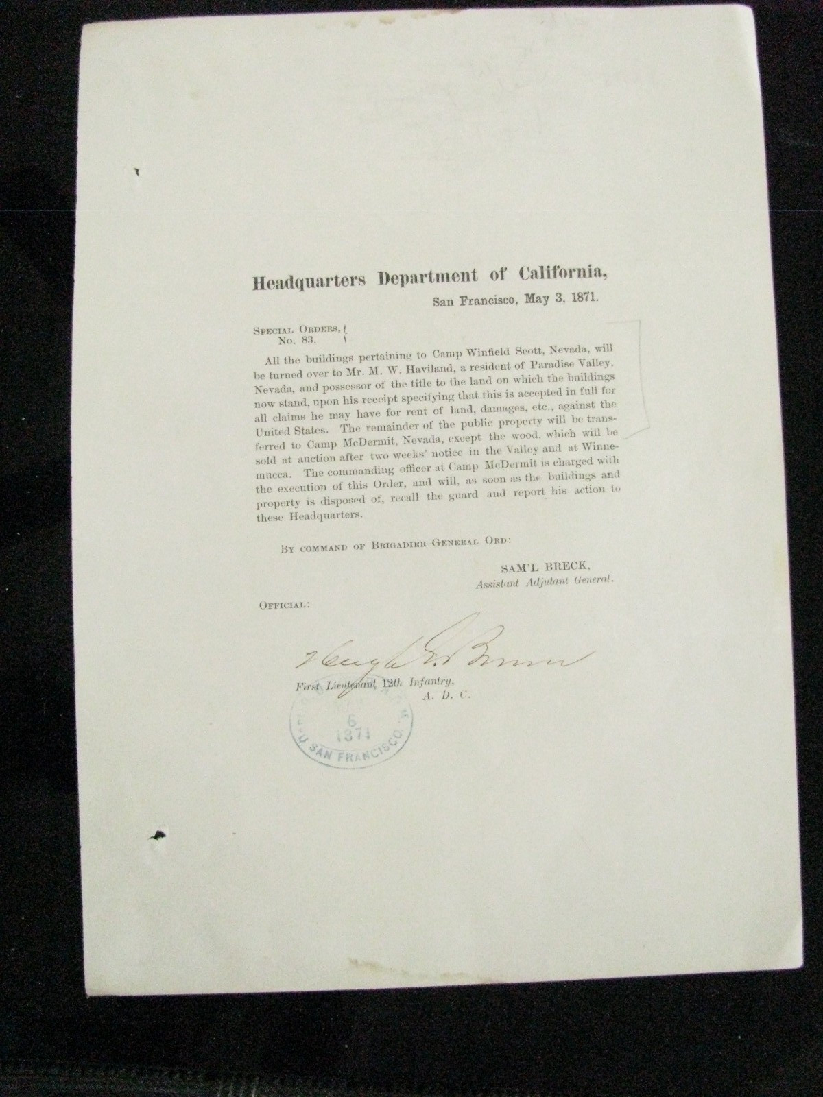 PARADISE VALLEY HUMBOLDT COUNTY NEVADA US ARMY 1871 ORDER CAMP SCOTT