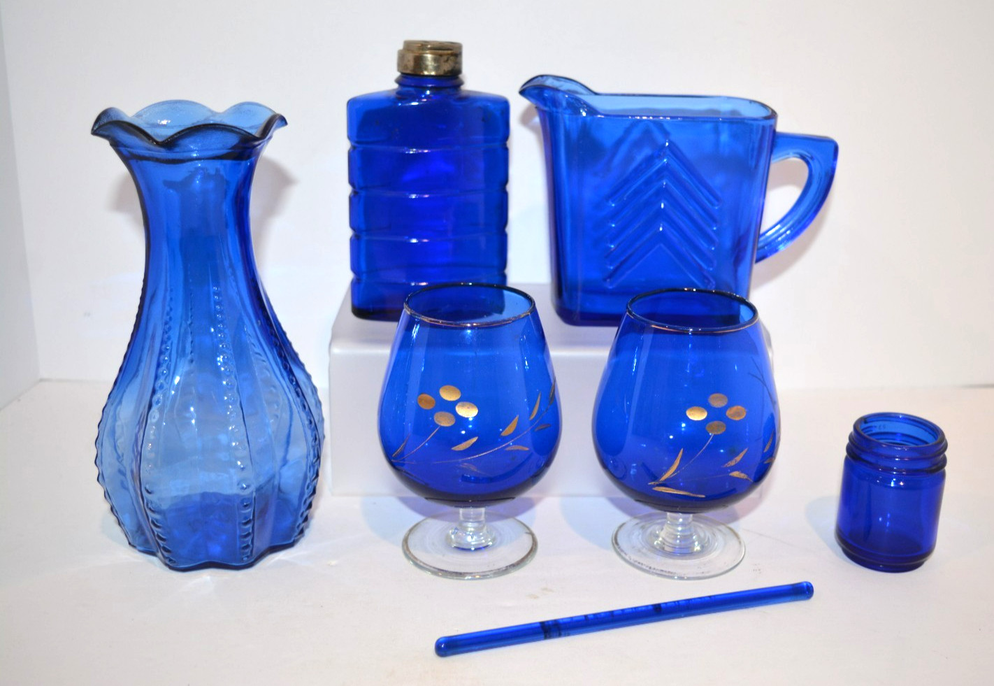 7 Pc Vintage Cobalt Blue Glass Lot Collection Vase, Brandy Snifter, Pitcher
