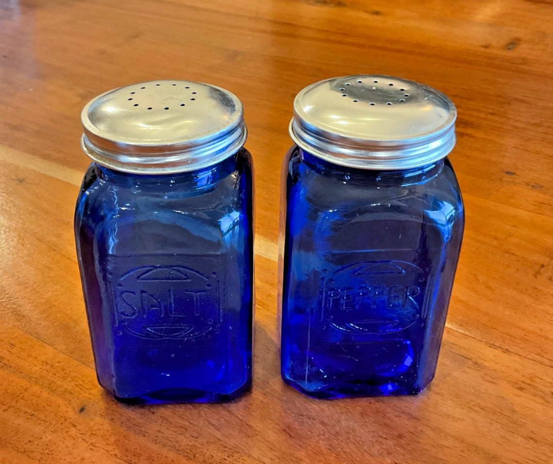 Vintage Cobalt Blue Salt and Pepper Shakers Silver Color Metal Lids