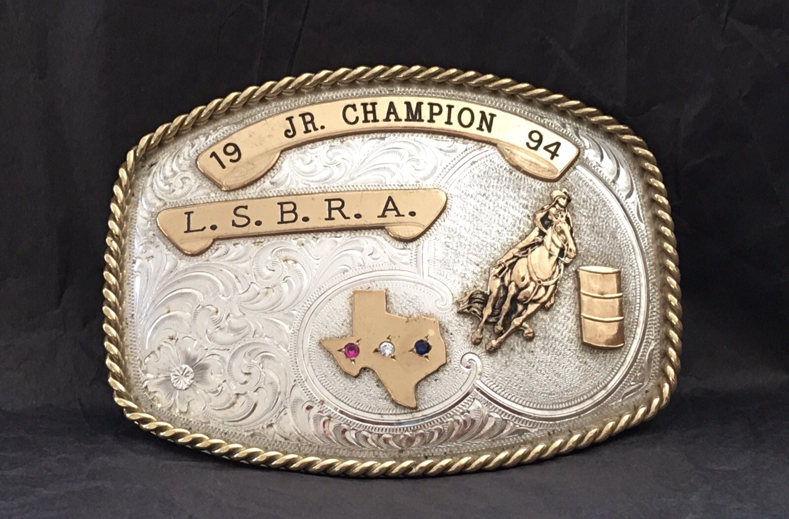 VTG 1994 LSBRA Lone Star Barrels Champion GIST Sterling OL TEXAS Trophy Buckle VTG 1994 LSBRA Lone Star Barrels Champion GIST Sterling OL TEXAS Trophy Buckle