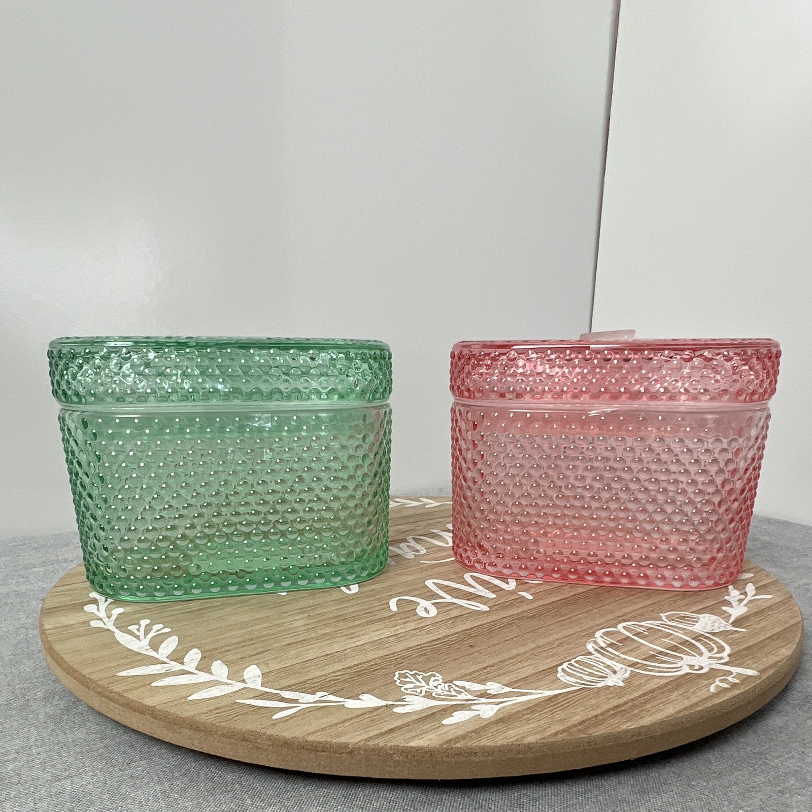 Old East Main Co Glass Trinket Box Set of 2 Pink Mint Green Jewelry Dish