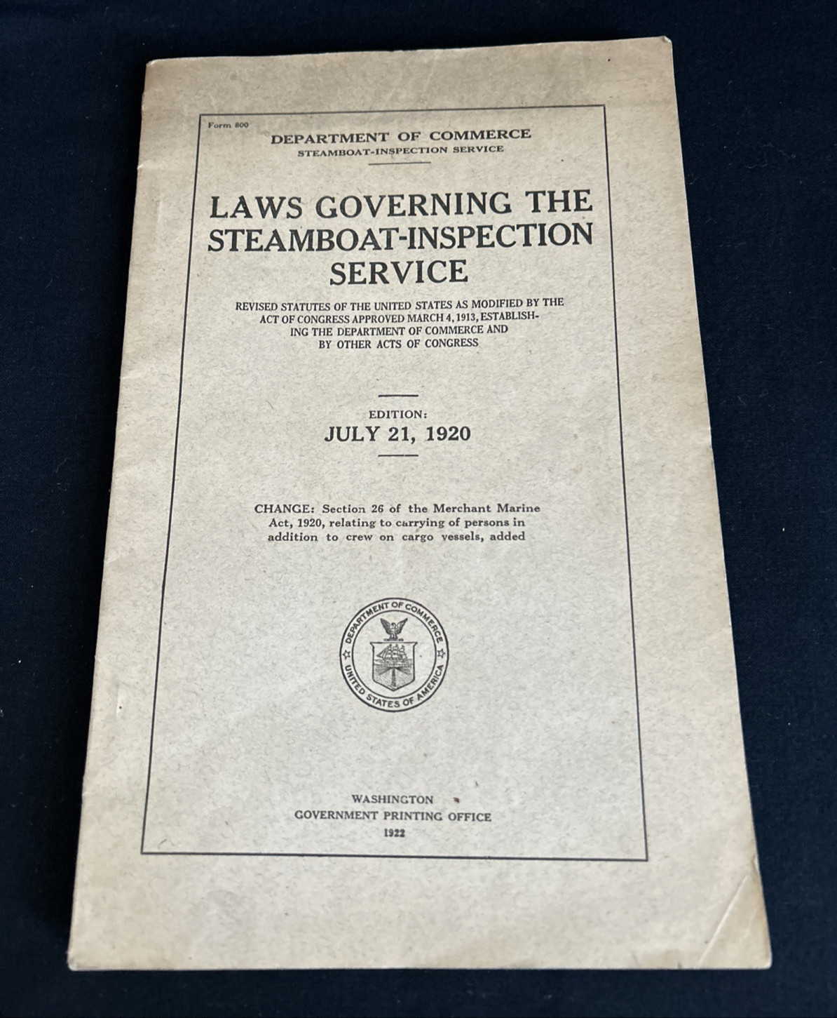Vintage Dept of Commerce Laws Governing Steamboat-Inspection Service 1920 1922