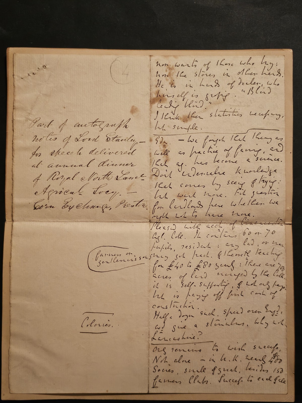 Lord Stanley Autograph Speech Notes Royal North Lancs Ag Society c.1860