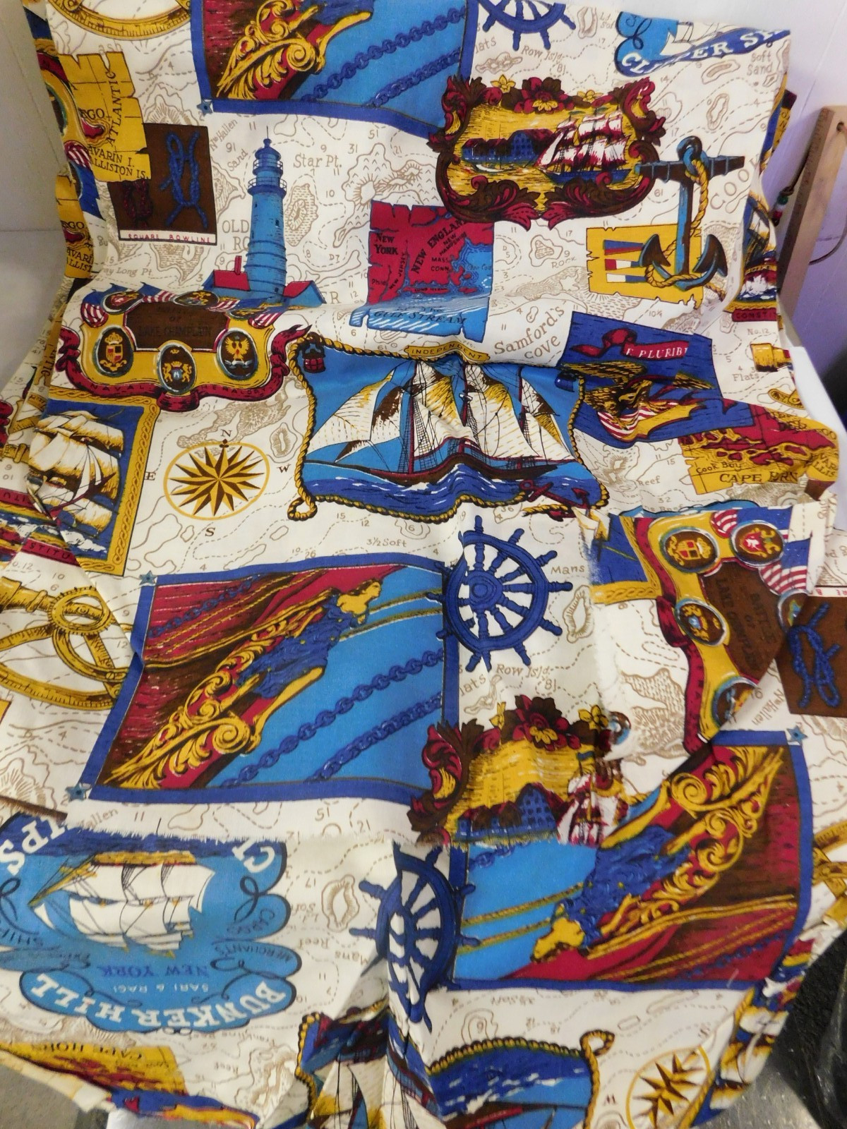 Vtg  Cotton Nautical New England Colonial Style Fabric New / Old Stock 3 yds 16\