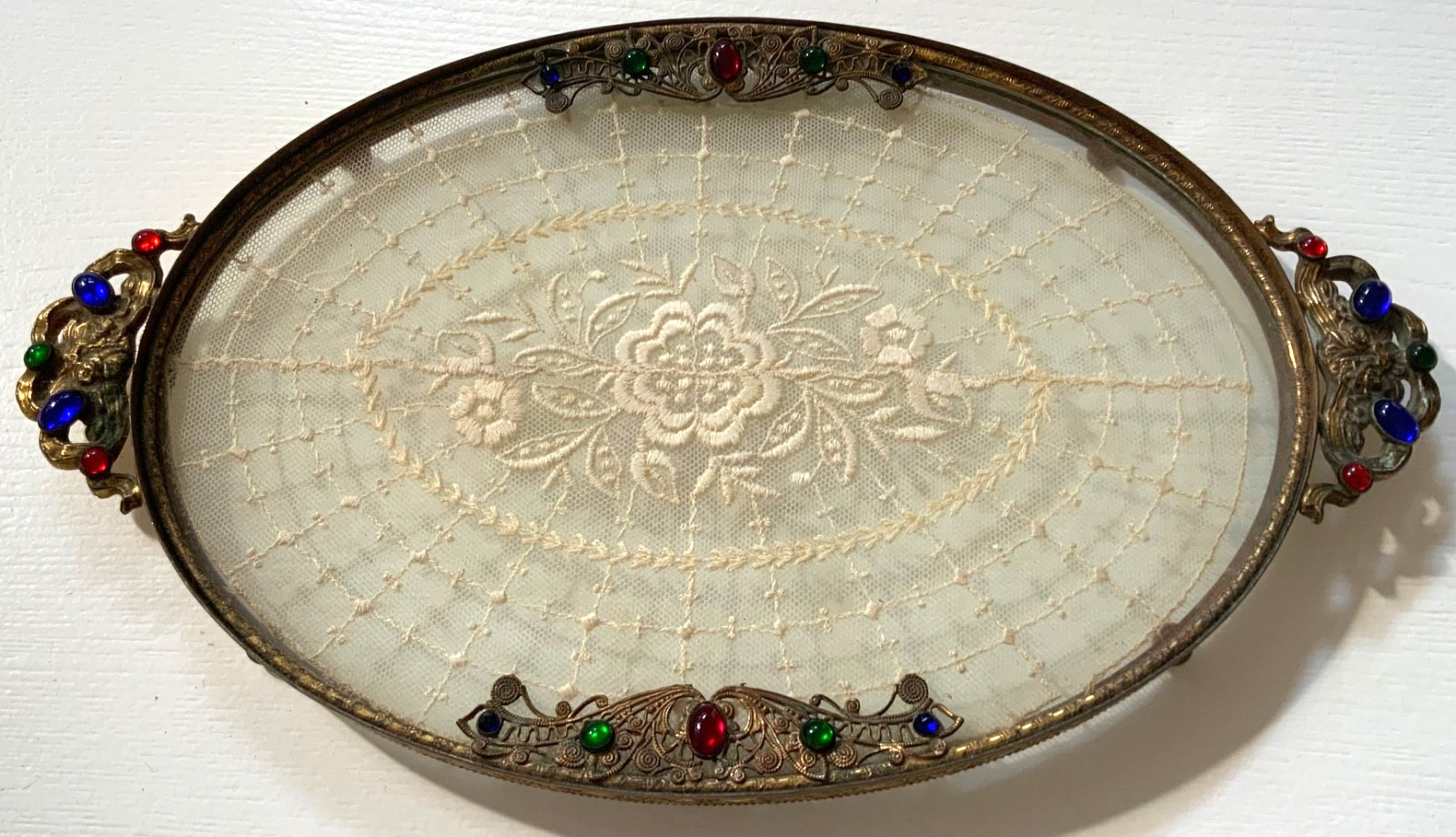 BEAUTIFUL Antique JEWELED & EMBROIDERED LACE INLAY Vanity TRAY  *EXCELLENT*