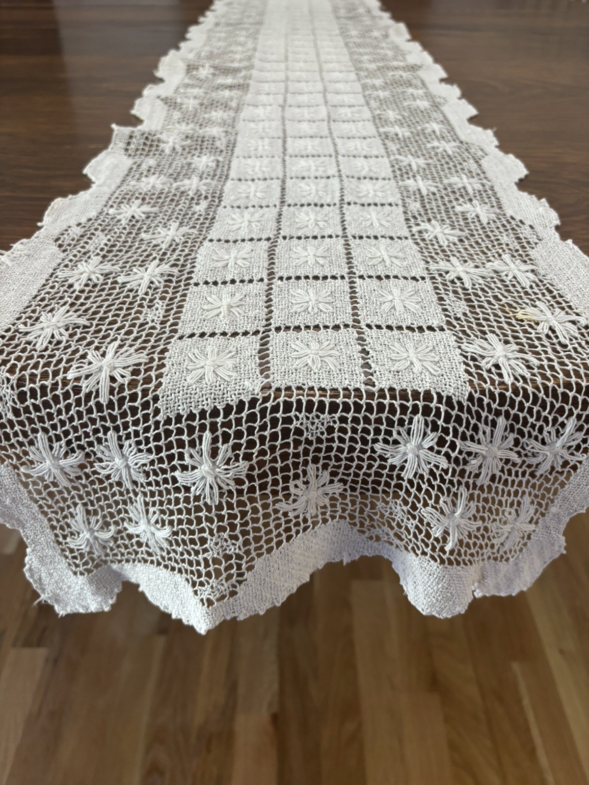 Vintage Filet Crochet Lace Long Table Runner 13x64” Ecru Cotton Cottagecore 