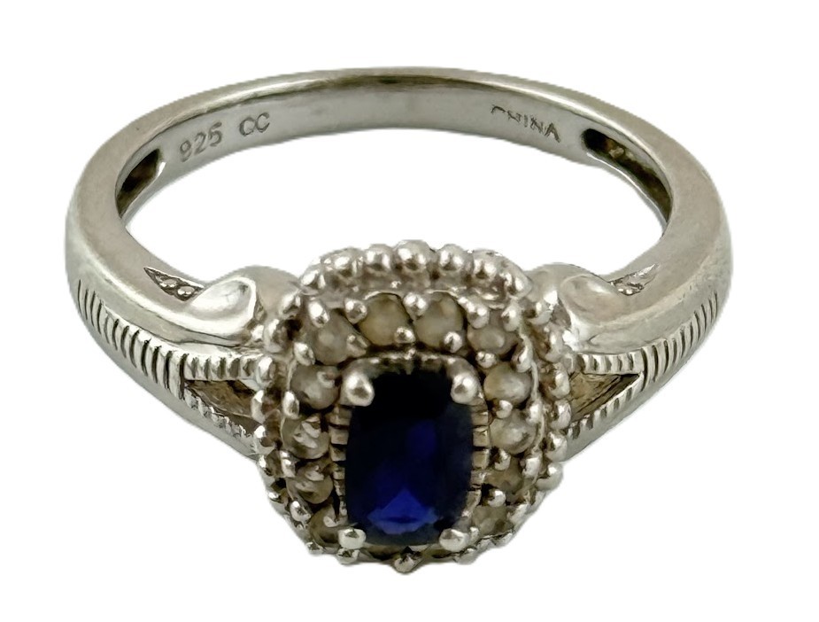 Sterling Silver Blue Stone Halo Ring Size 8 925 CC Milgrain Cocktail Band Women