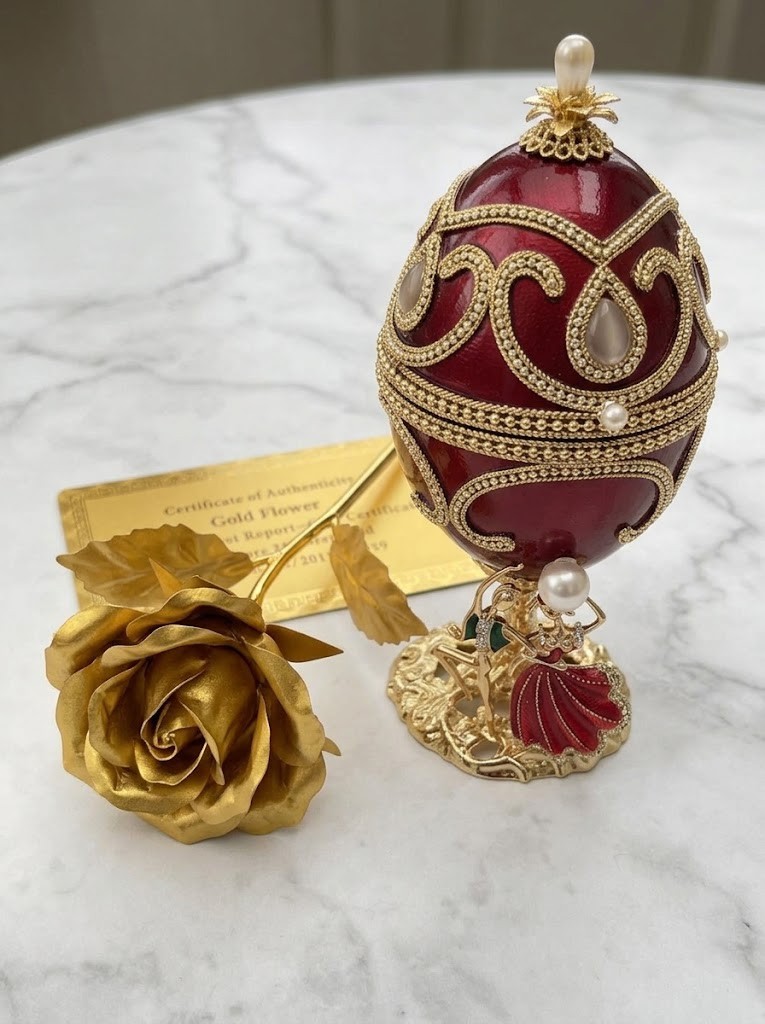 Faberge Eggs Imperial Royal Gold deco Trinket NATURAL Egg + Pure Gold Leaf Rose