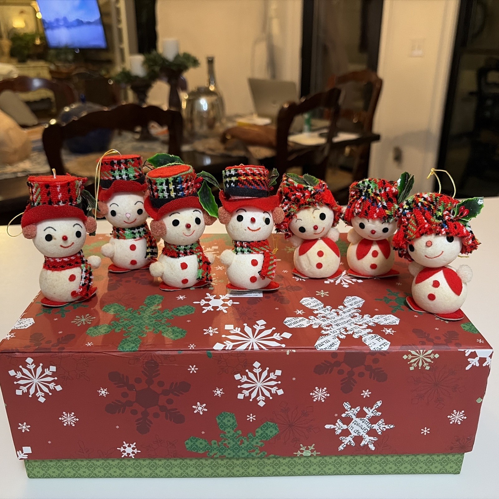 Vintage Set Of 7 Yuletide Enterprises Japan Flocked Styrofoam Snowmen Ornaments