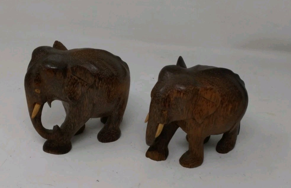 2 X Vtg Hand Carved Coconut Indian Wood Elephant