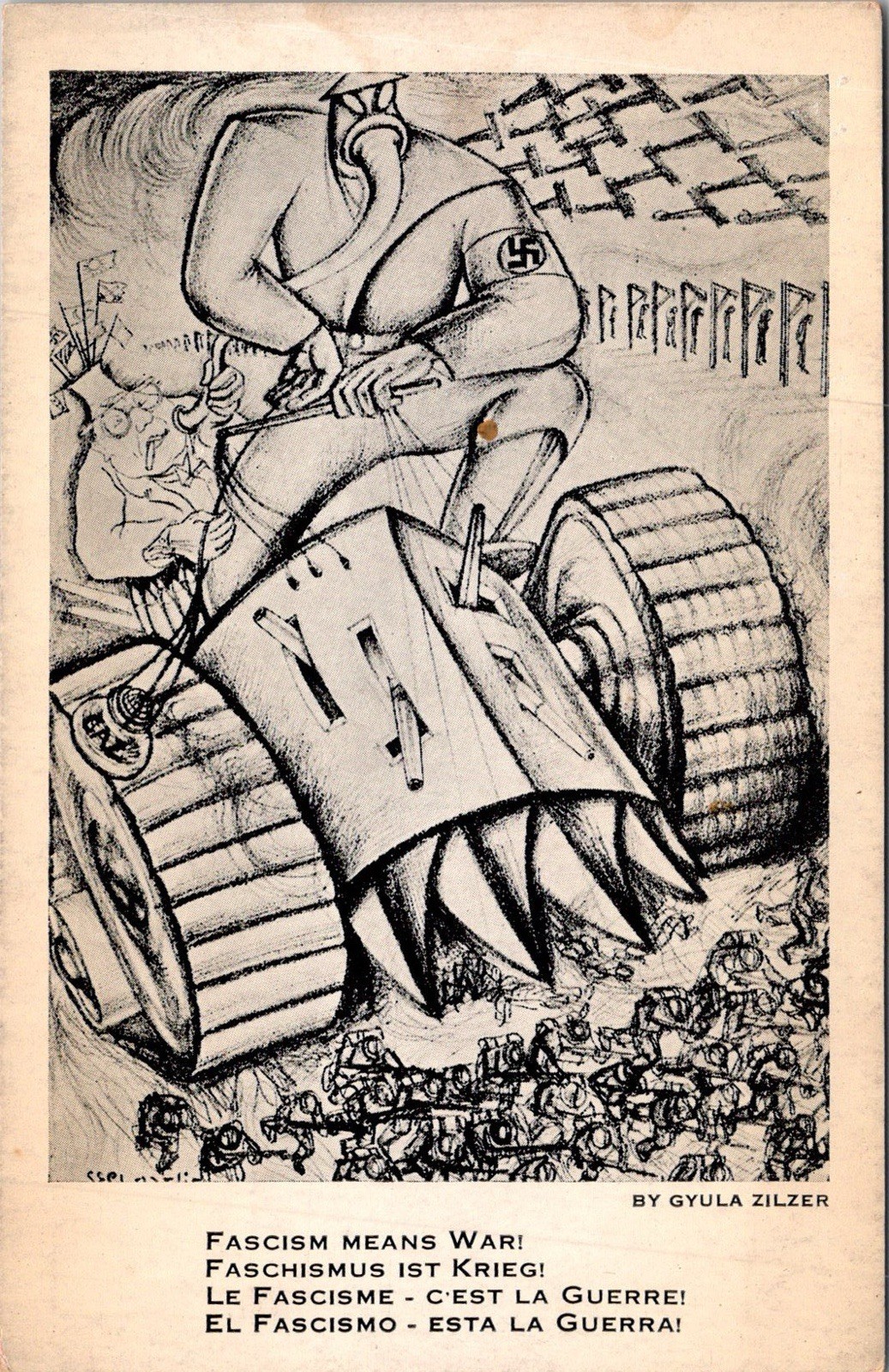 WW2 Anti-Fascism Anti-Nazi Postcard by Artist Gyula Zilzer. WW2 Anti-Fascism Anti-Nazi Postcard by Artist Gyula Zilzer.