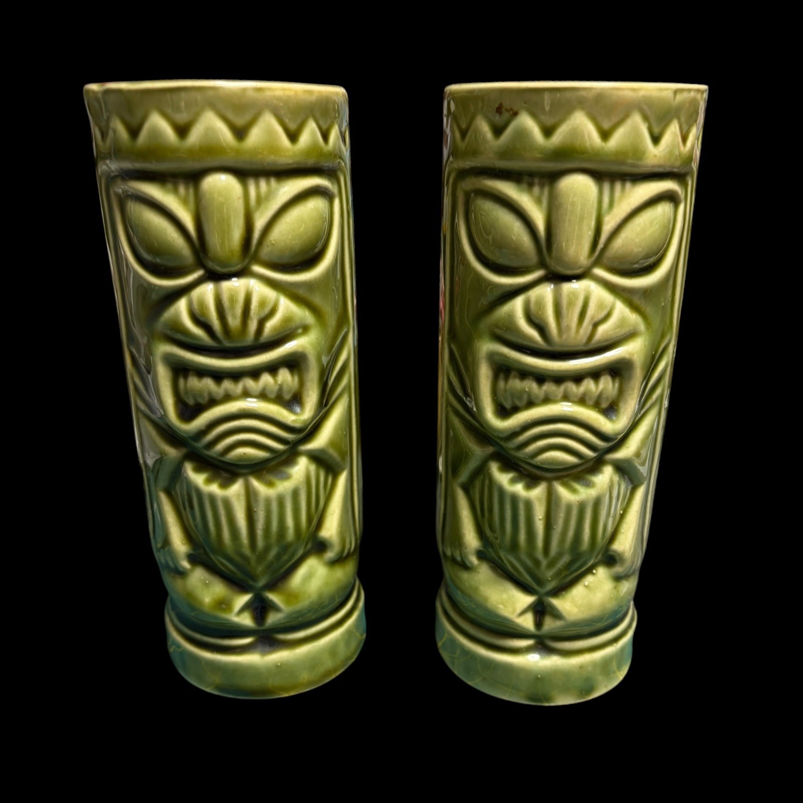 Vintage Orchids Of Hawaii R5 Green Ceramic Tiki Mugs Set Of 2 Japan