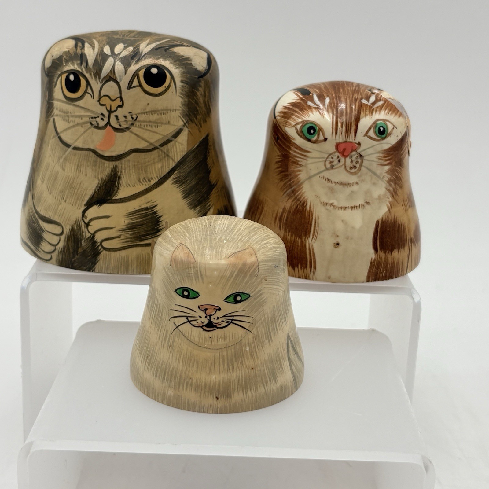 VTG Hand Painted Wooden Stacking Cat Nesting Set 3 Folk Art