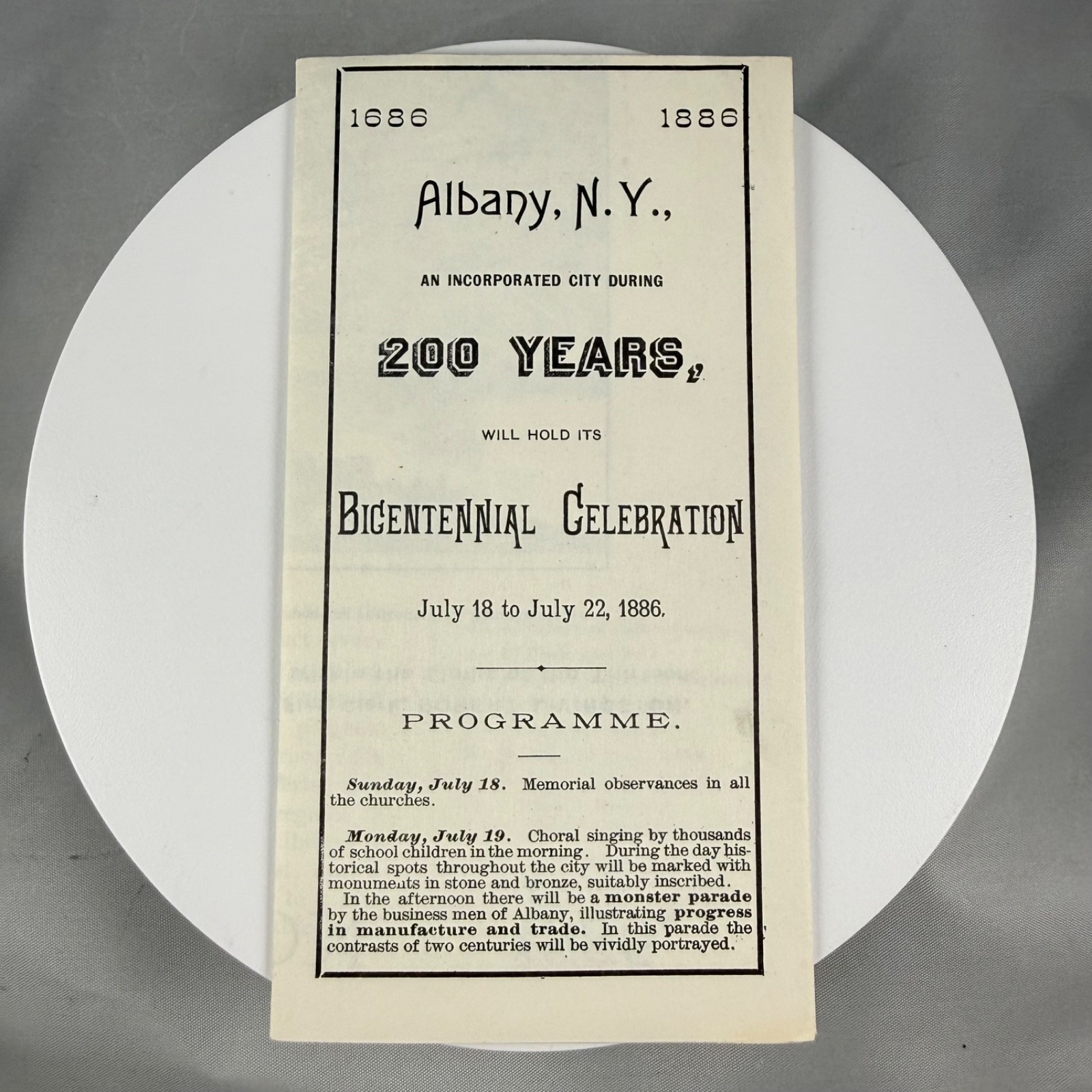 VTG 1886 Albany NY Bicentennial Celebration Program Morris Gerber Reproduction