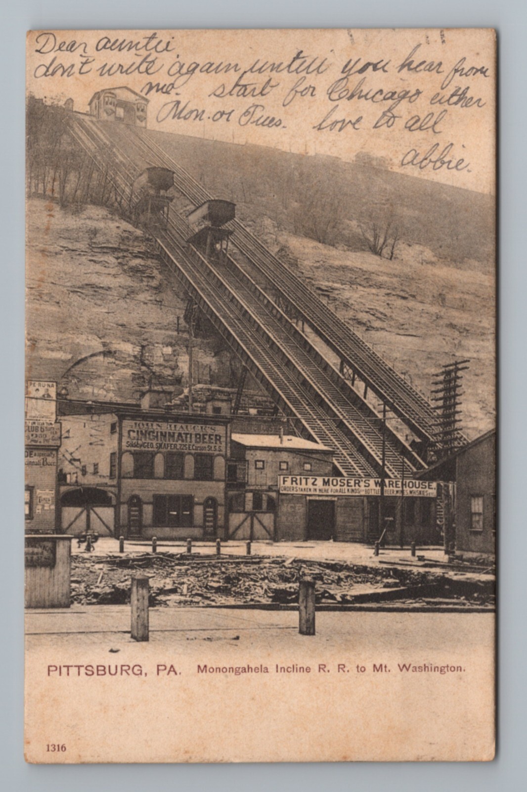 1906 Pittsburgh PA Monongahela Incline RR Mt Washington Cincinnati Beer Postcard