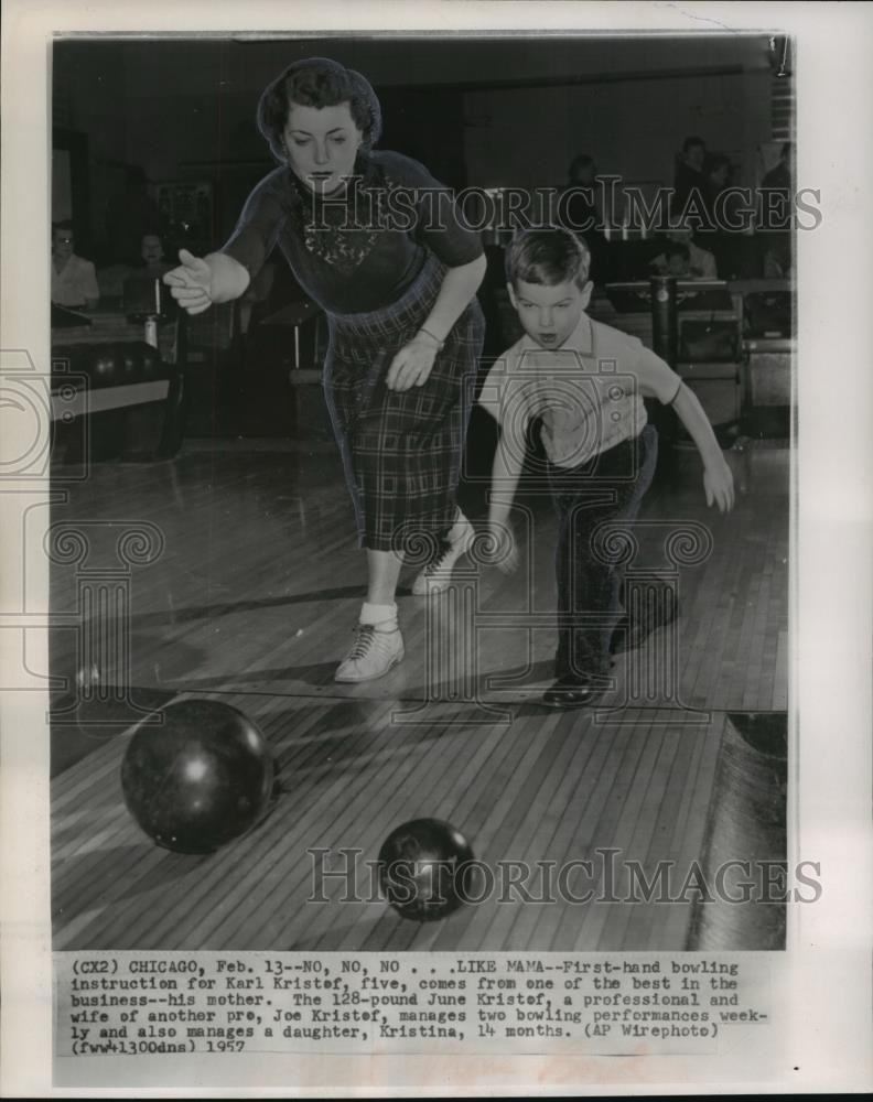 1957 Press Photo bowling professional June Kristof shows her son how to bowl, IL 1957 Press Photo bowling professional June Kristof shows her son how to bowl, IL