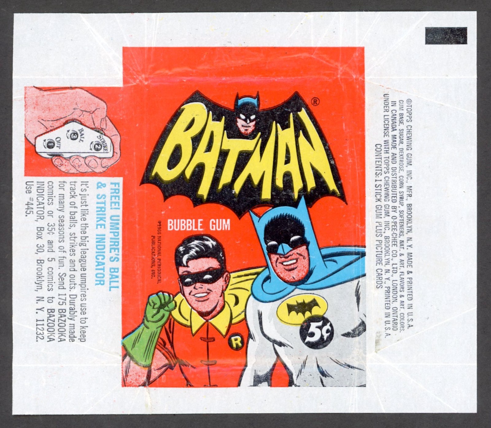 1966 Batman Topps 5¢ Wax Pack Wrapper Adam West Burt Ward Umpire Indicator Ad