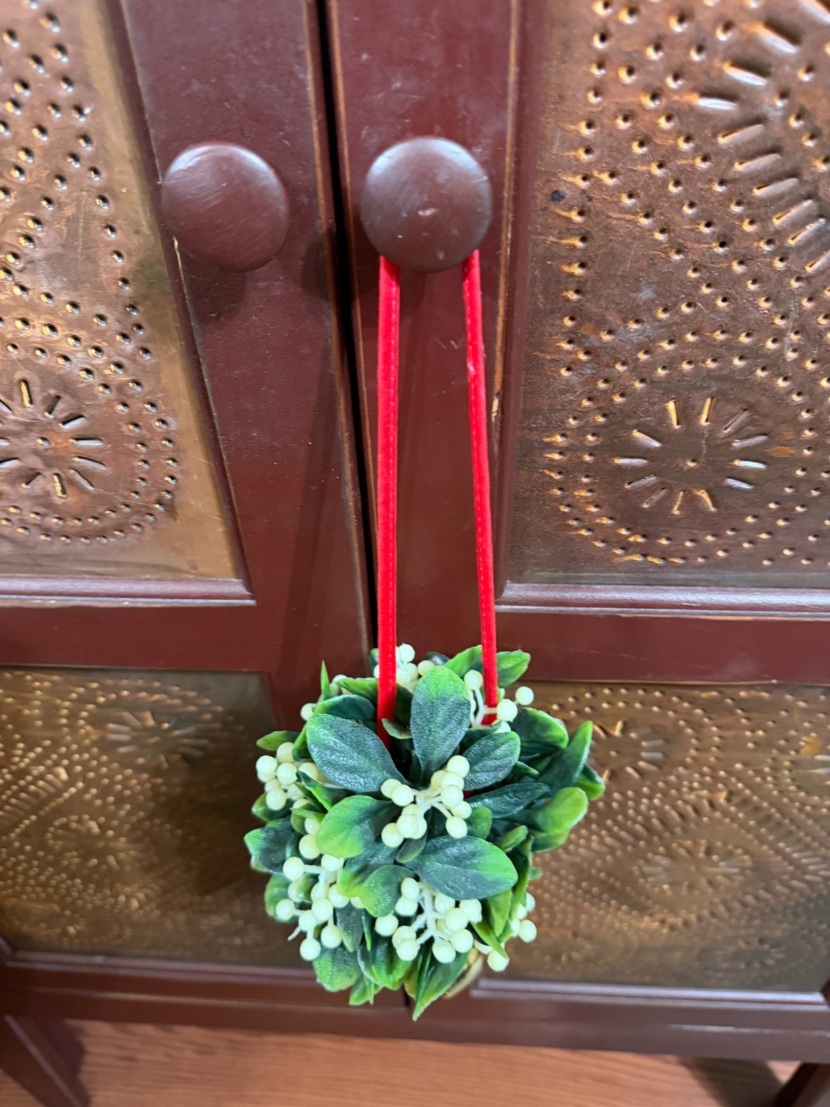 Vintage Christmas Mistletoe Artificial White Holly W/ Bell On Red Velvet Ribbon