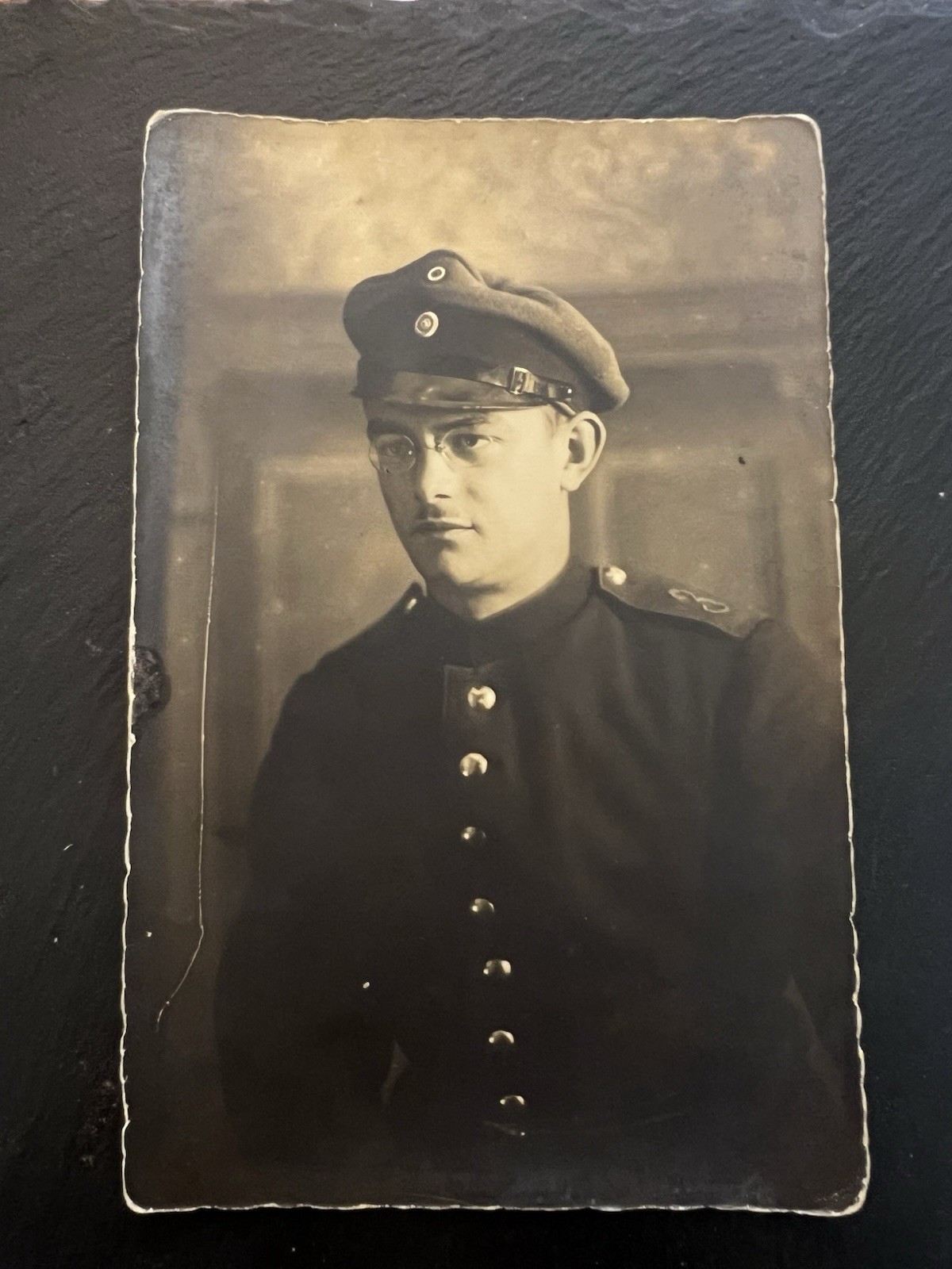 Antique WWI Imperial German Soldier Glasses Feldmutze Cap Number 3 Shoulder RPPC