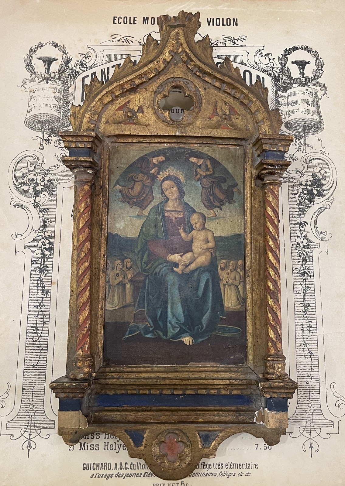 Rare Antique Italian Mary Jesus Angels Icon Wooden Wall Plaque c1880