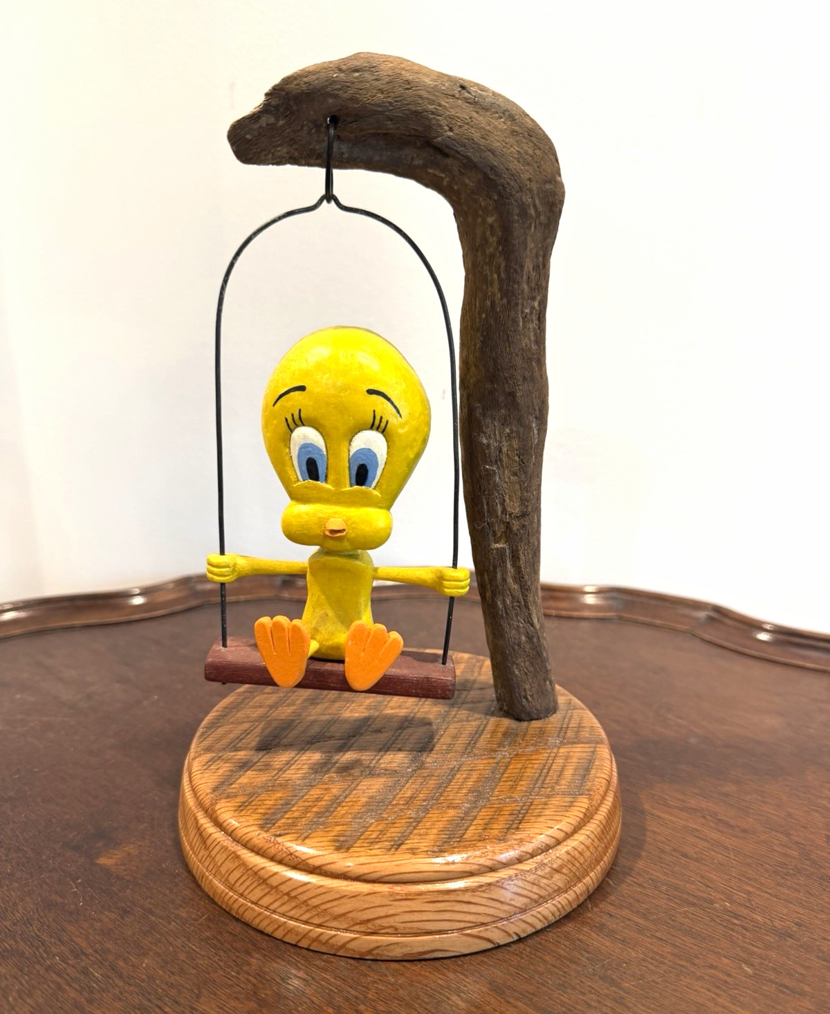 VTG Hand Carved & Painted Looney Toons Tweety Bird Swing Driftwood Branch 9.5”