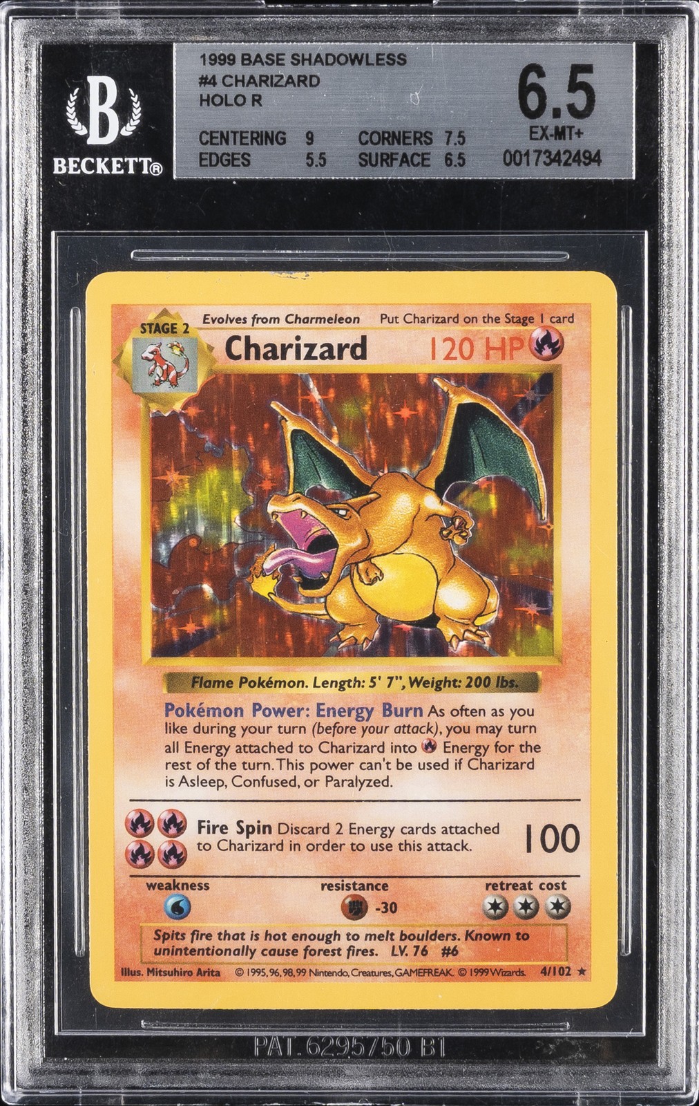 1999 BASE SET SHADOWLESS #4 CHARIZARD BGS 6.5