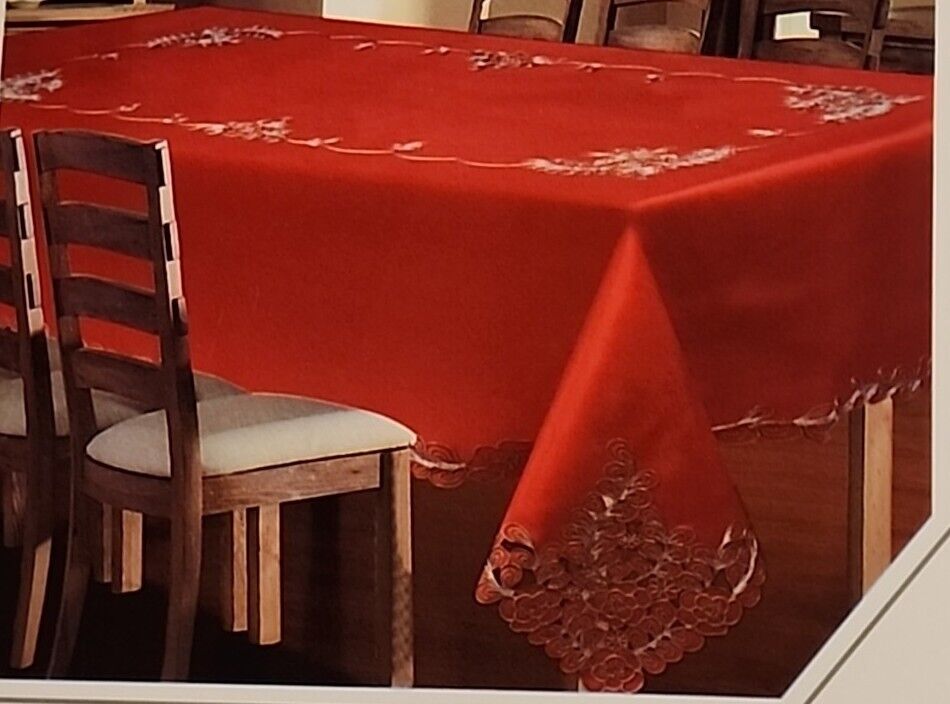 Cutwork & Embroidered Red/Gold Lace Table Cloth Floral Pattern 54\