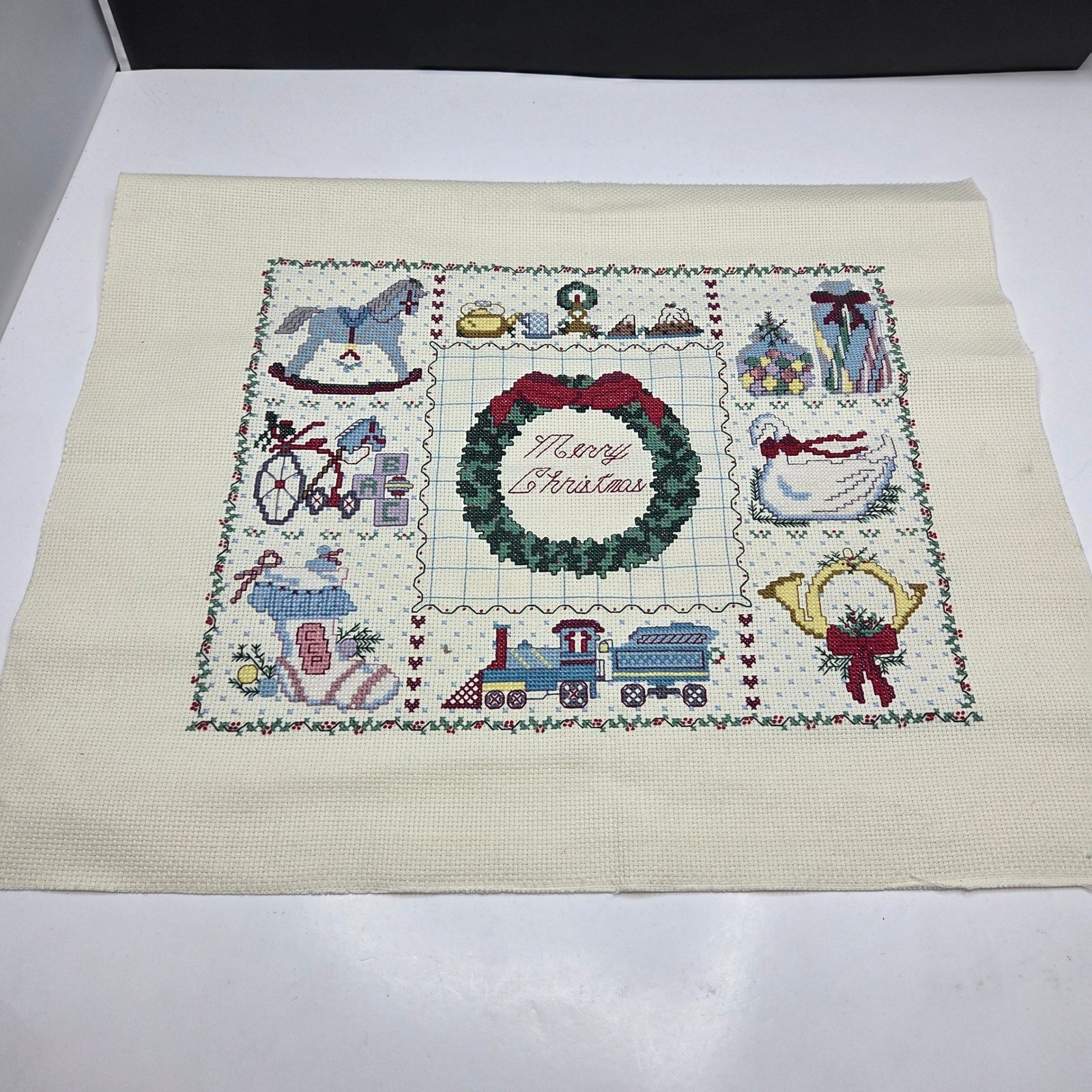 Vintage Hand Embroidered Merry Christmas Cross Stitch Finished Sampler 13x17 Red