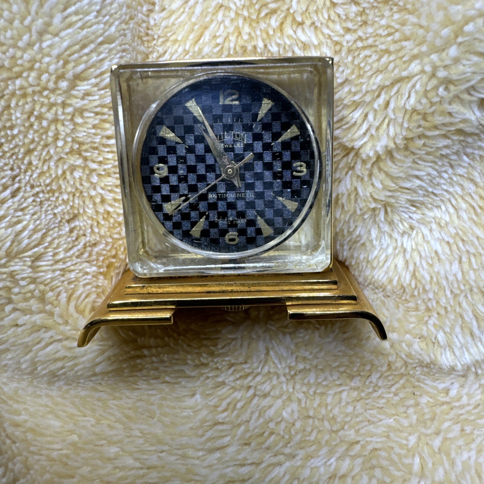 VTG Hilton Jeweled Antimagnetic Miniature Skeleton Clock Swiss (Works) Rare