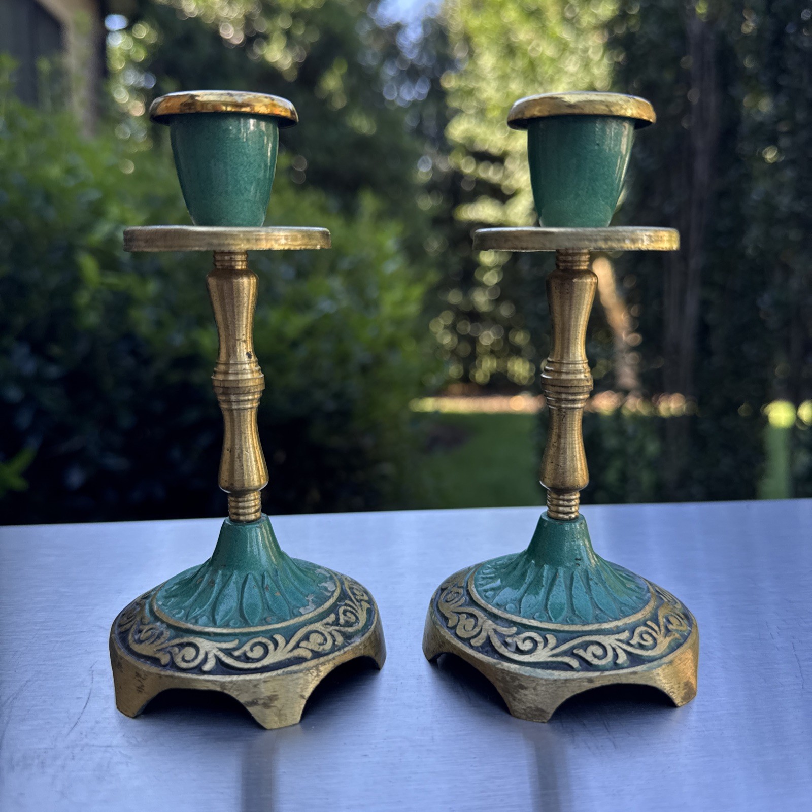 Vintage Judaica Brass Shabbat Candle Sticks ~ Set of 2 ~ 5.25” Tall & Embossed