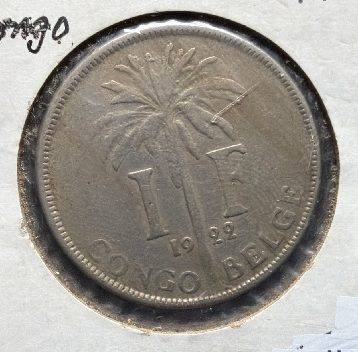 1922 Belgian Congo 1 Franc French Text King Albert I & Palm Coin-28.8MM-KM#20