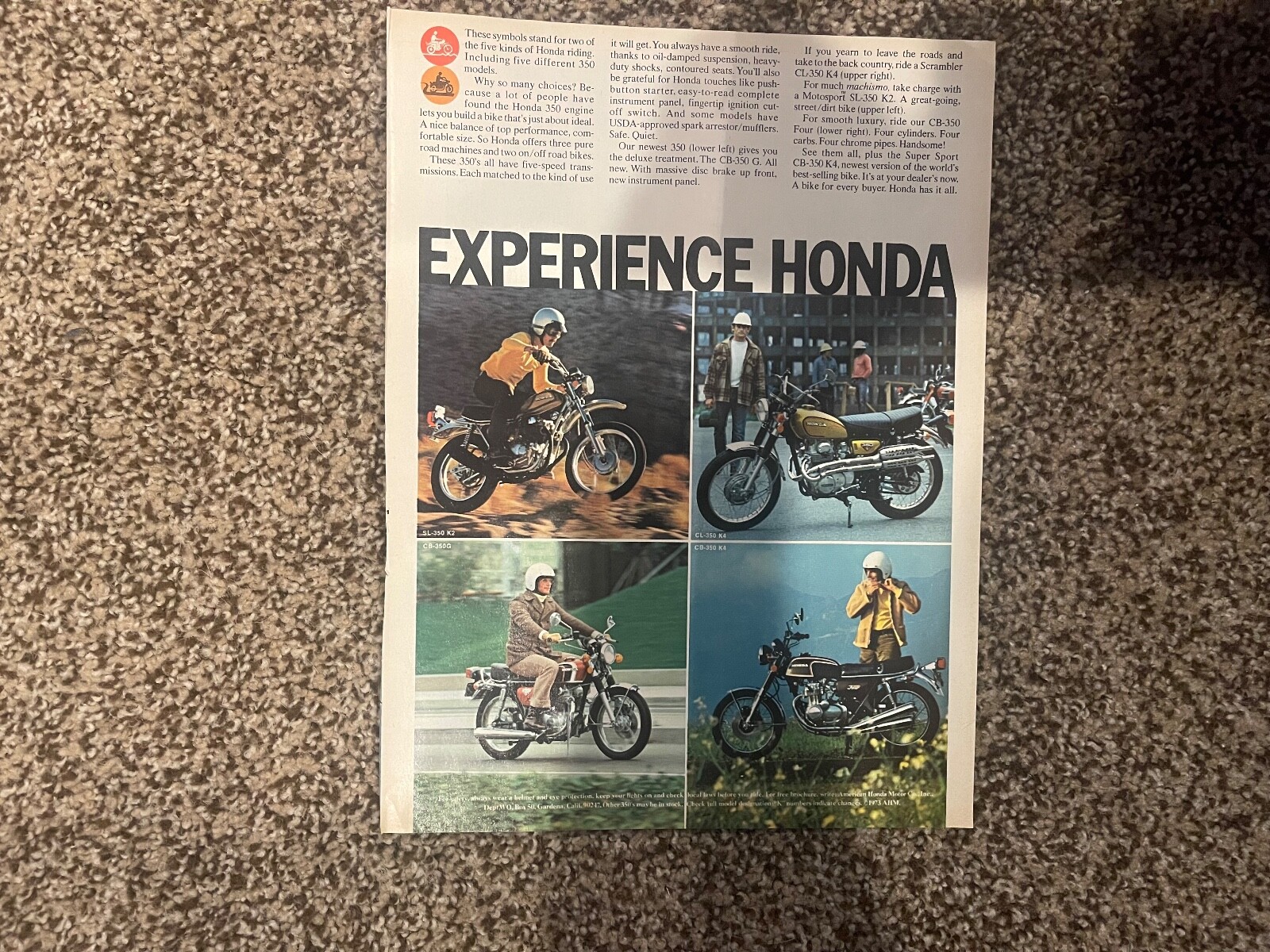 Honda SL CL CB 350 K2 K4 Motorcycle Bike Full Page Advertisement 1973 vintage