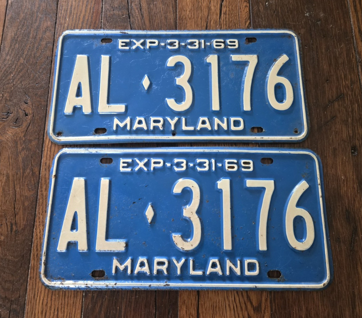 VTG 1969 MARYLAND MATCHING LICENSE PLATES MATCHED PAIR  HOT ROD MUSCLE CAR YEARS