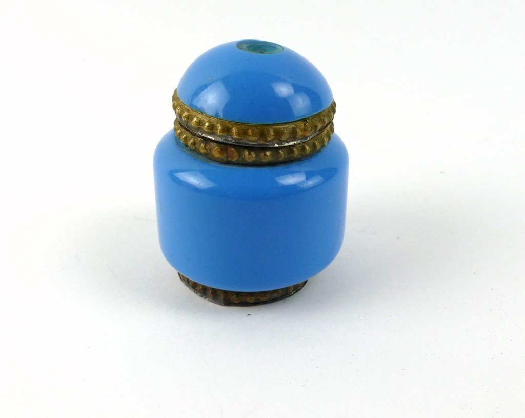 Antique Petite Blue Opaline Jar and Lid, Hand Blown with Bronze Ormolu