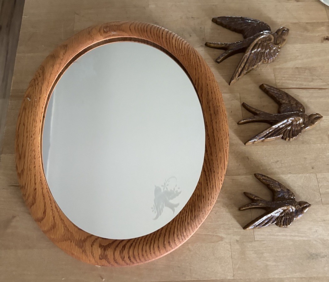 Vintage HOMCO Etched Swallow Mirror & Flying Bird Plaques Set MCM Faux Wood 4pc