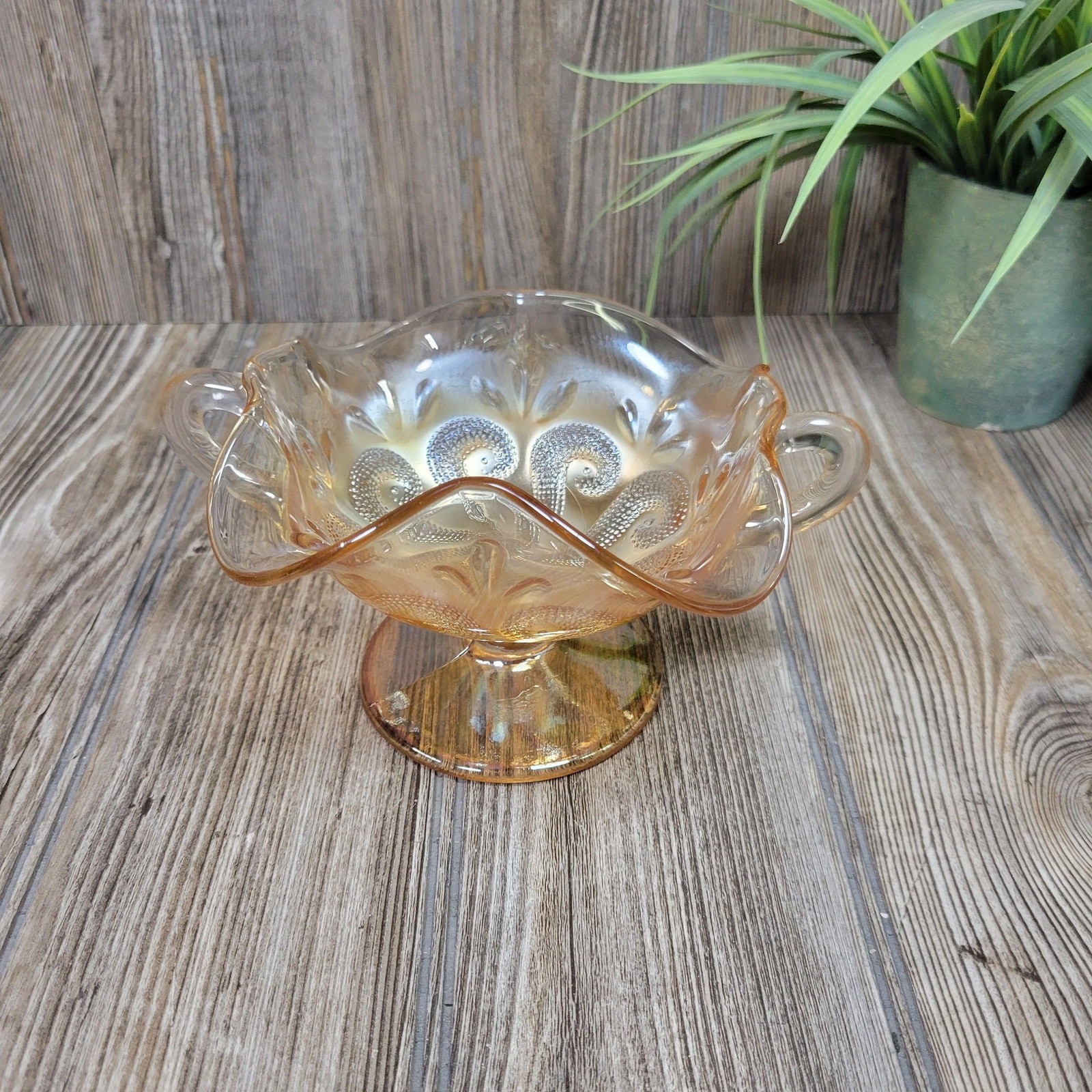 Antique Dugan Marigold Carnival Glass Question Marks Footed Bonbon Bowl