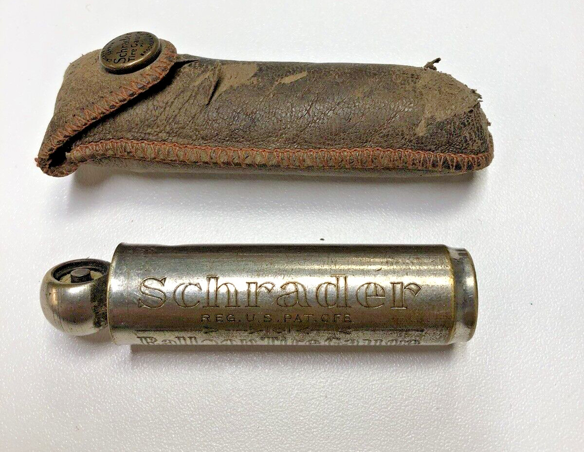 Antique Schrader's Balloon Tire Pressure Gauge in Leather Pouch Pat. 1916-1923
