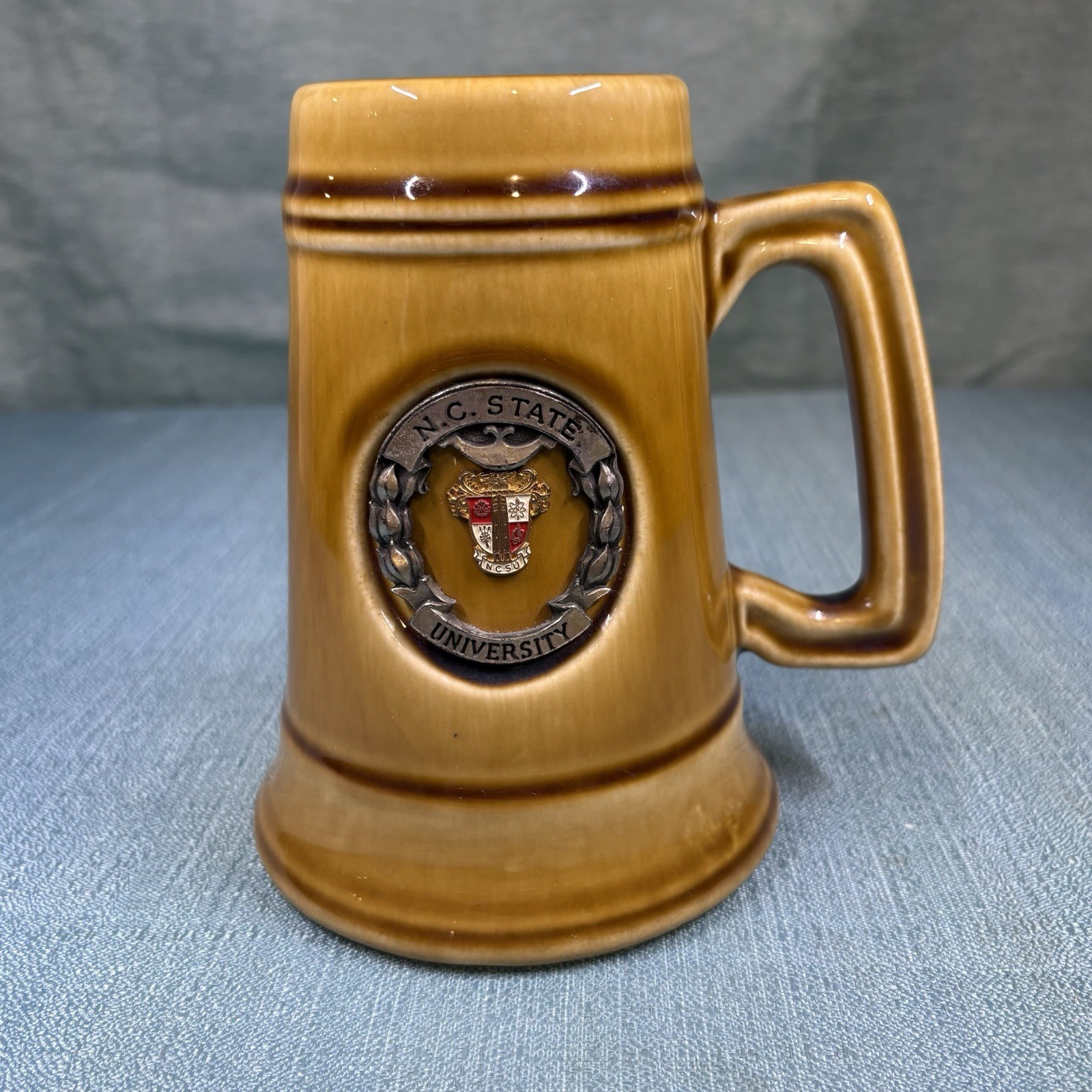 Vintage NC State University Beer Stein Mug Ceramic Crest Medallion Wolfpack