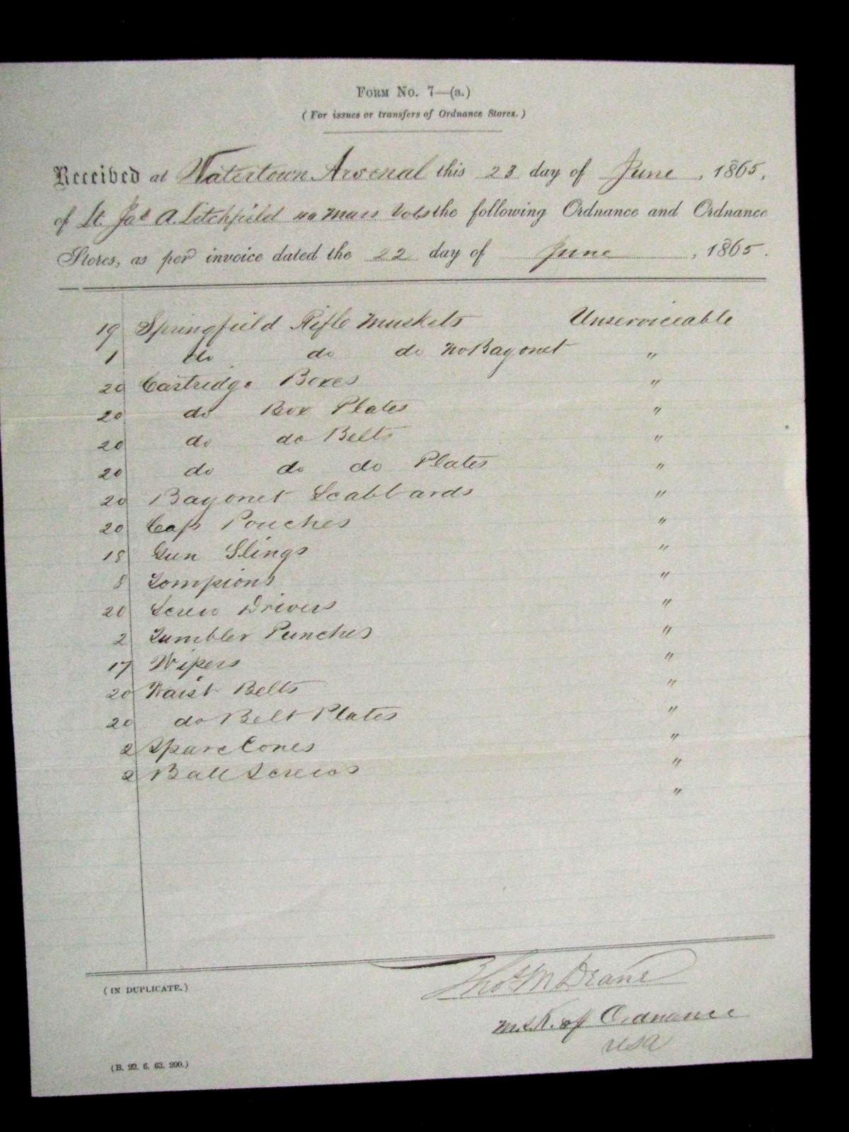 CIVIL WAR WATERTOWN ARSENAL MASSACHUSETTS SPRINGFIELD RIFLES RECEIPT