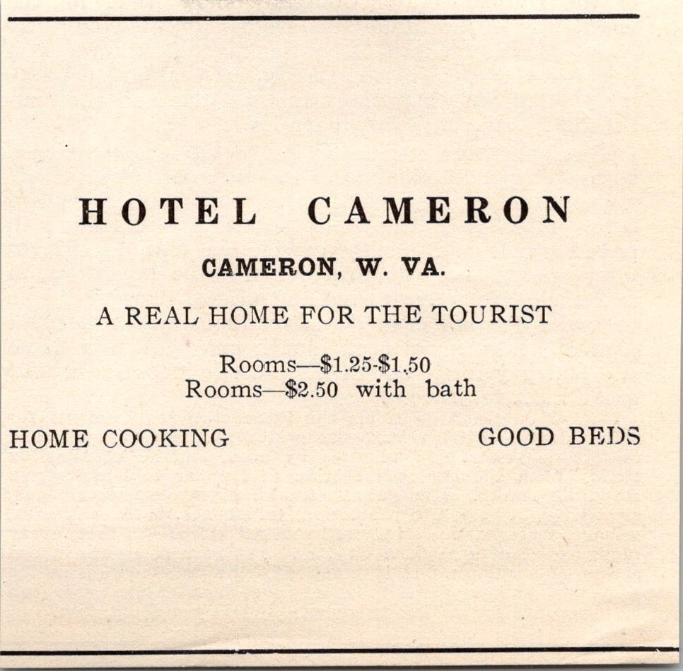 Hotel Cameron Home Cooking Good Beds Cameron W VA 1927 WV Clipping TAK1-M33